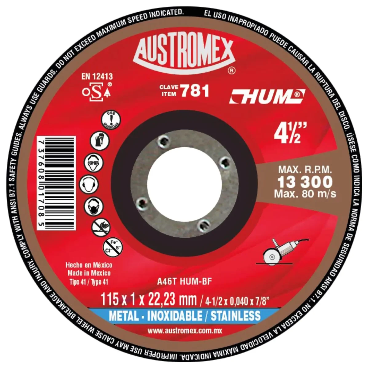 Disco de corte para acero inoxidable - Clave 781