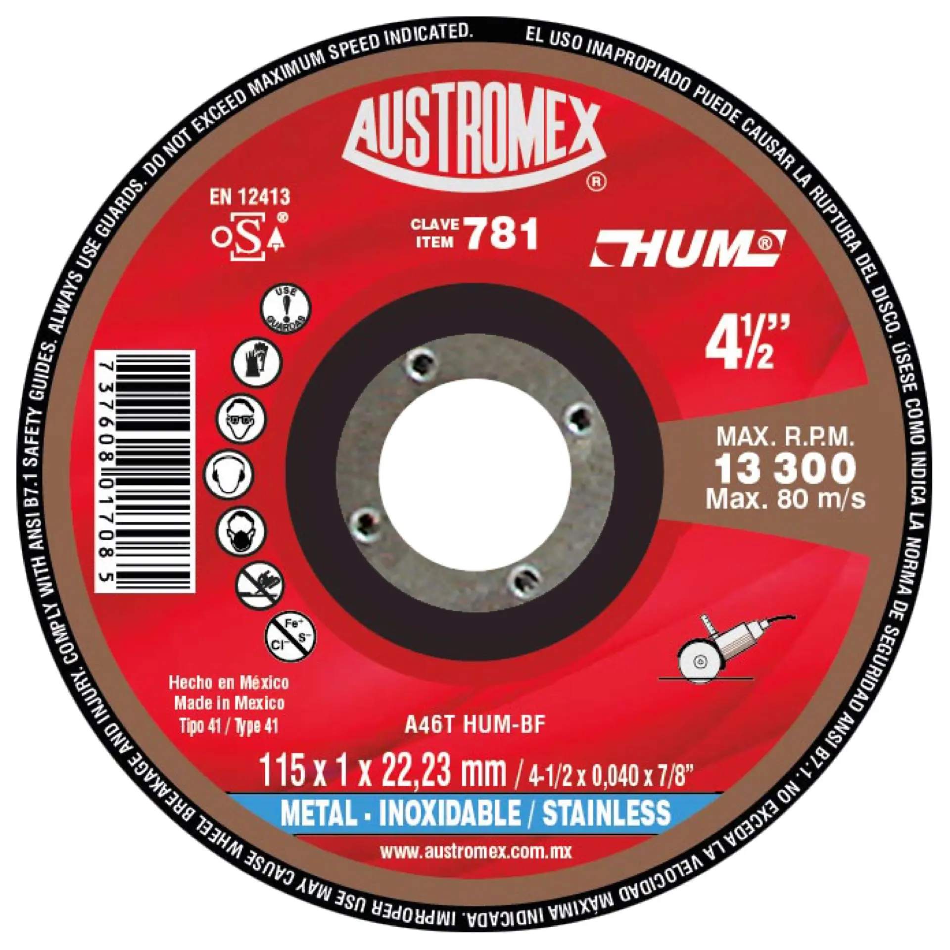 Disco de corte para acero inoxidable - Clave 781